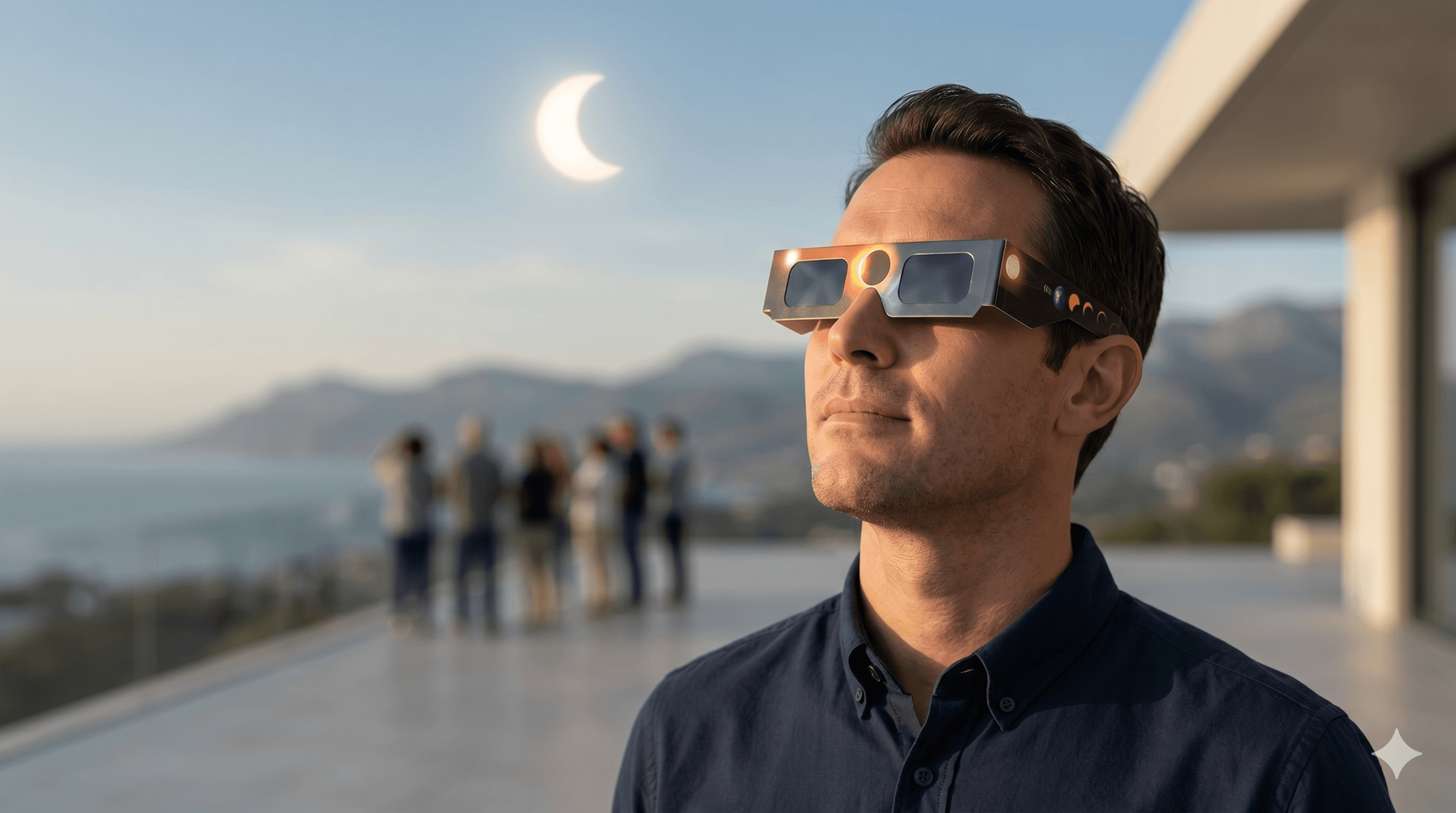Person watching a solar eclipse through certified eclipse glasses