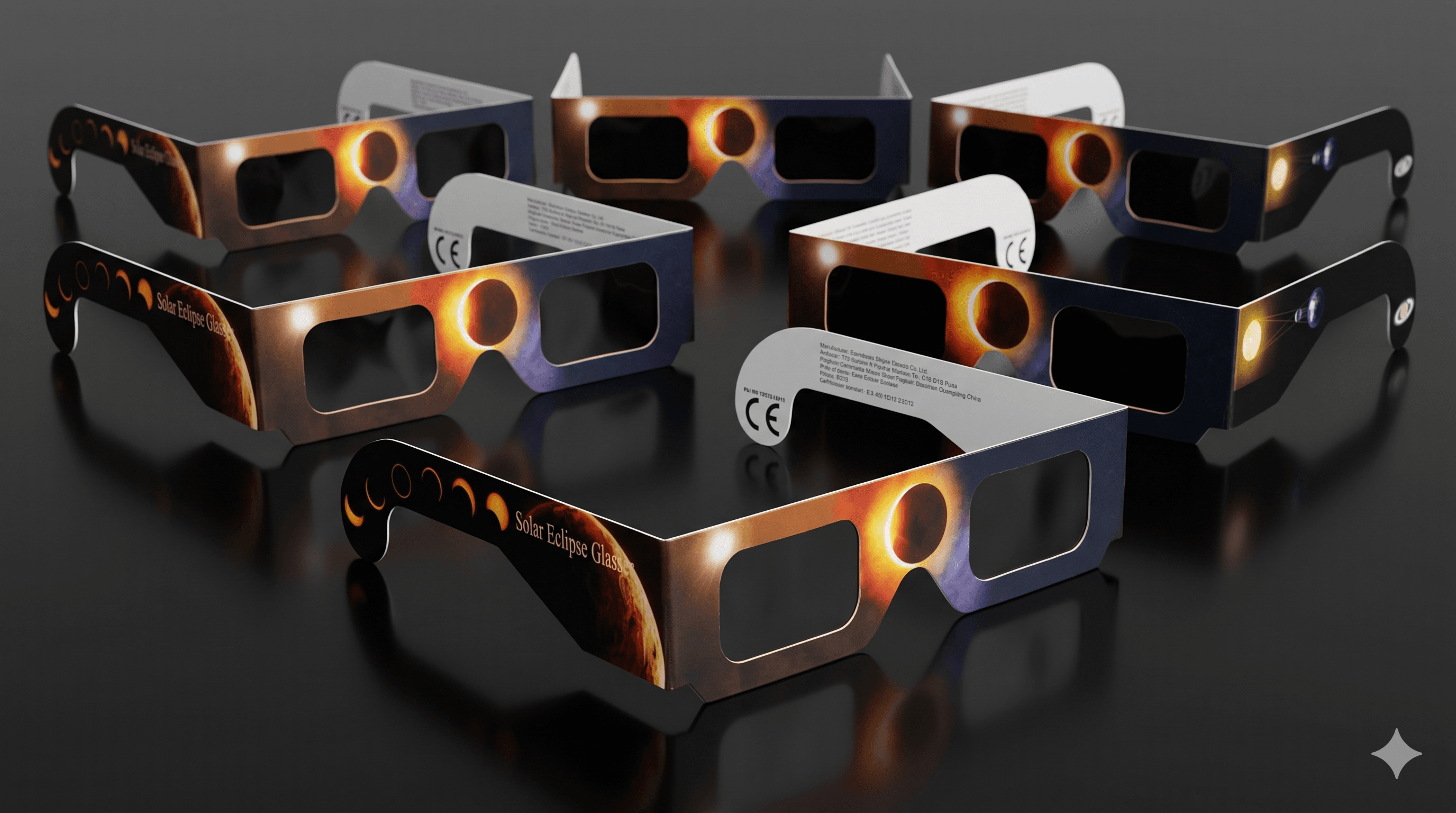 Multiple solar eclipse glasses arranged for group or event distribution