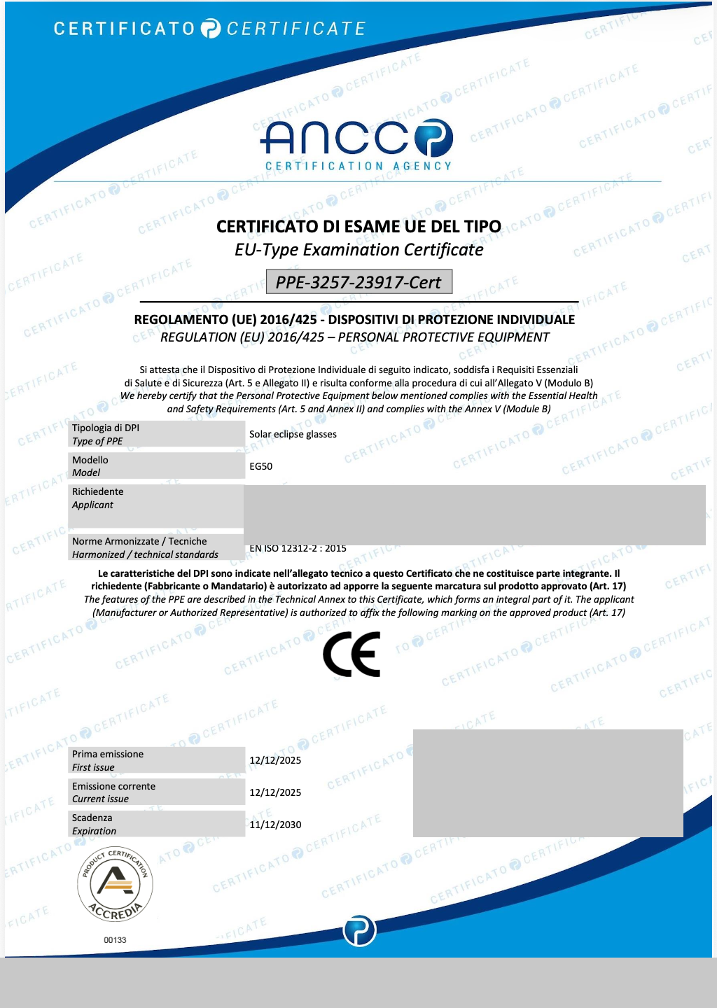 EU Type Examination Certificate PPE-3257-23917-Cert — certain fields redacted for confidentiality